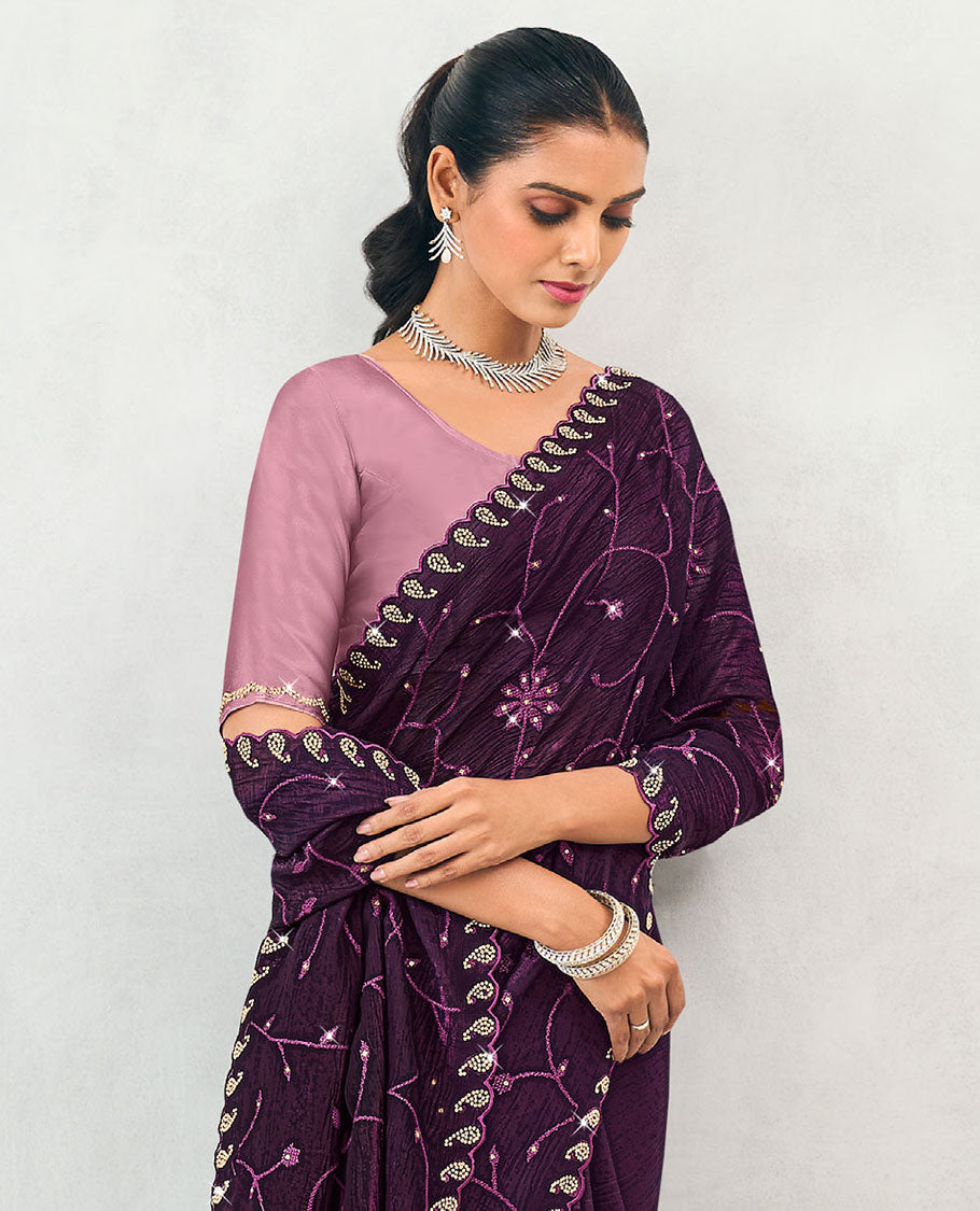Eggplant purple floral vine embroidered & stone work organza designer saree, paisley stone work scallop border