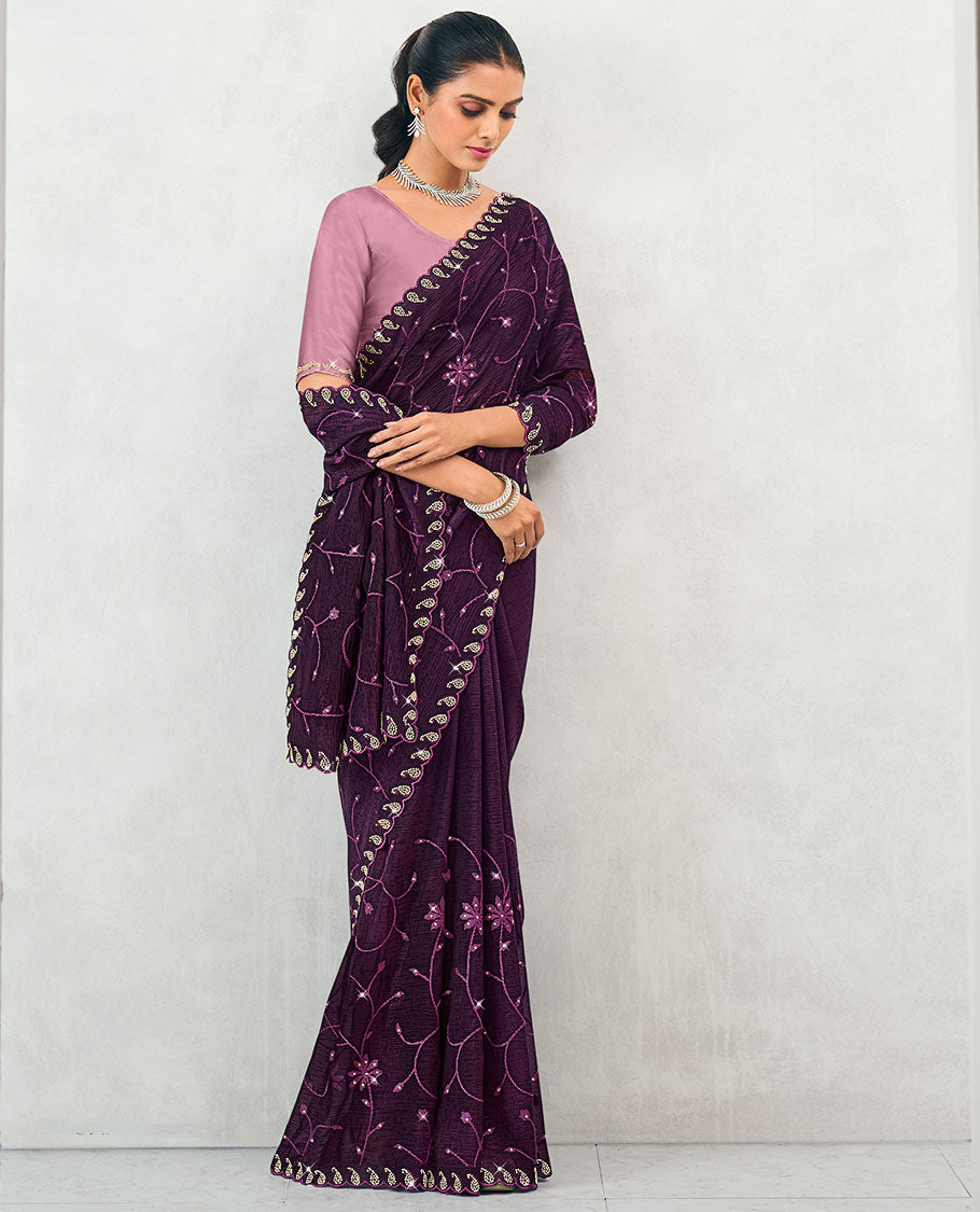 Eggplant purple floral vine embroidered & stone work organza designer saree, paisley stone work scallop border
