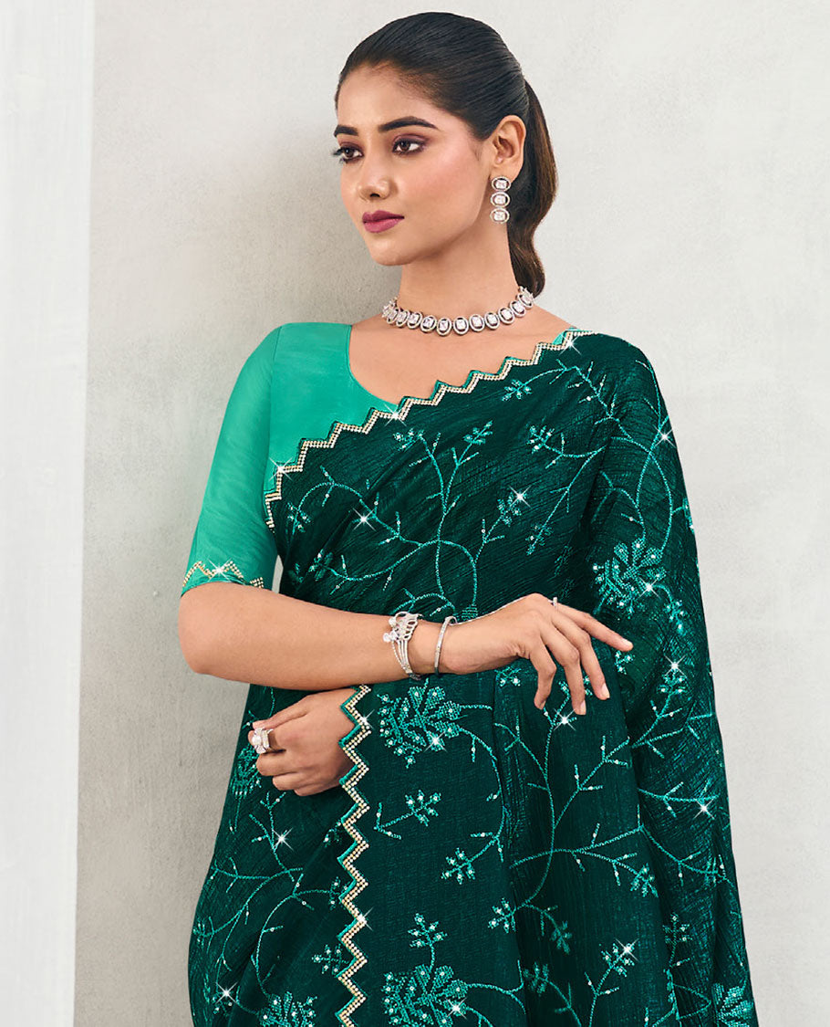 Green floral vine embroidered organza designer saree, chevron design stone work, scallop border
