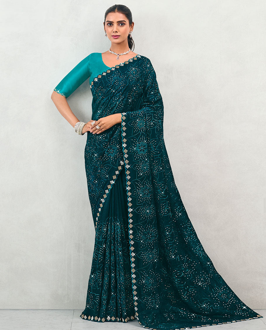 Peacock blue floral design sequins embroidered designer saree, diamond design stone work, scallop border