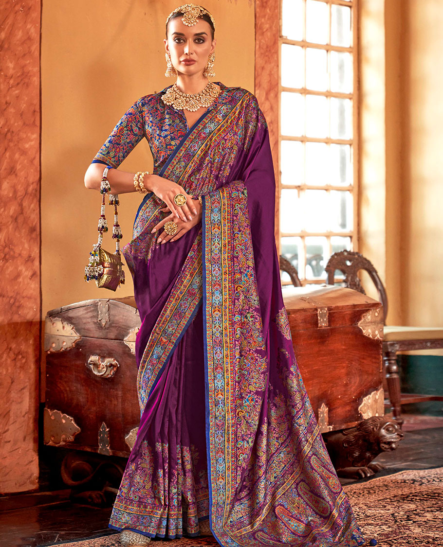 Purple plain with meenakari-style floral-paisleys printed designer saree, contrast floral-paisleys Mughal-style printed border, and pallu