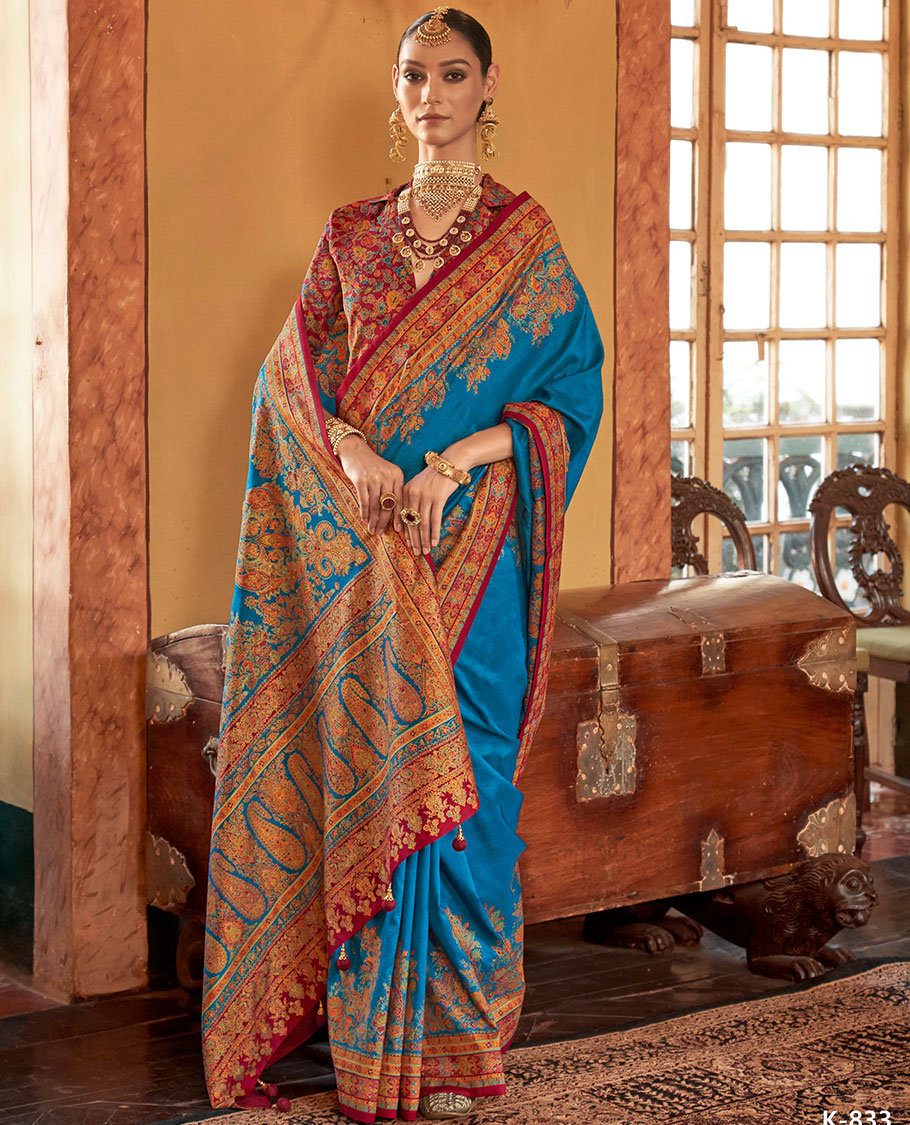 Blue plain with meenakari-style floral-paisleys printed designer saree, contrast floral-paisleys Mughal-style printed border, and pallu