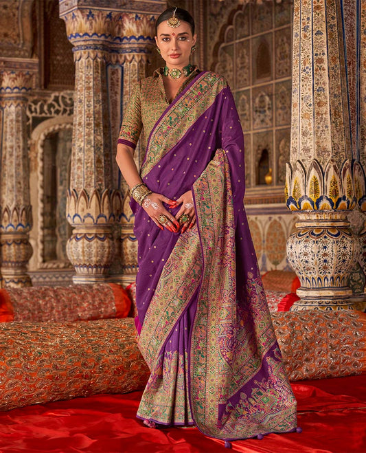 Purple meena buttas designer catalog saree, contrast meenakari border of human and elephant motifs, and wedding theme meenakari pallu