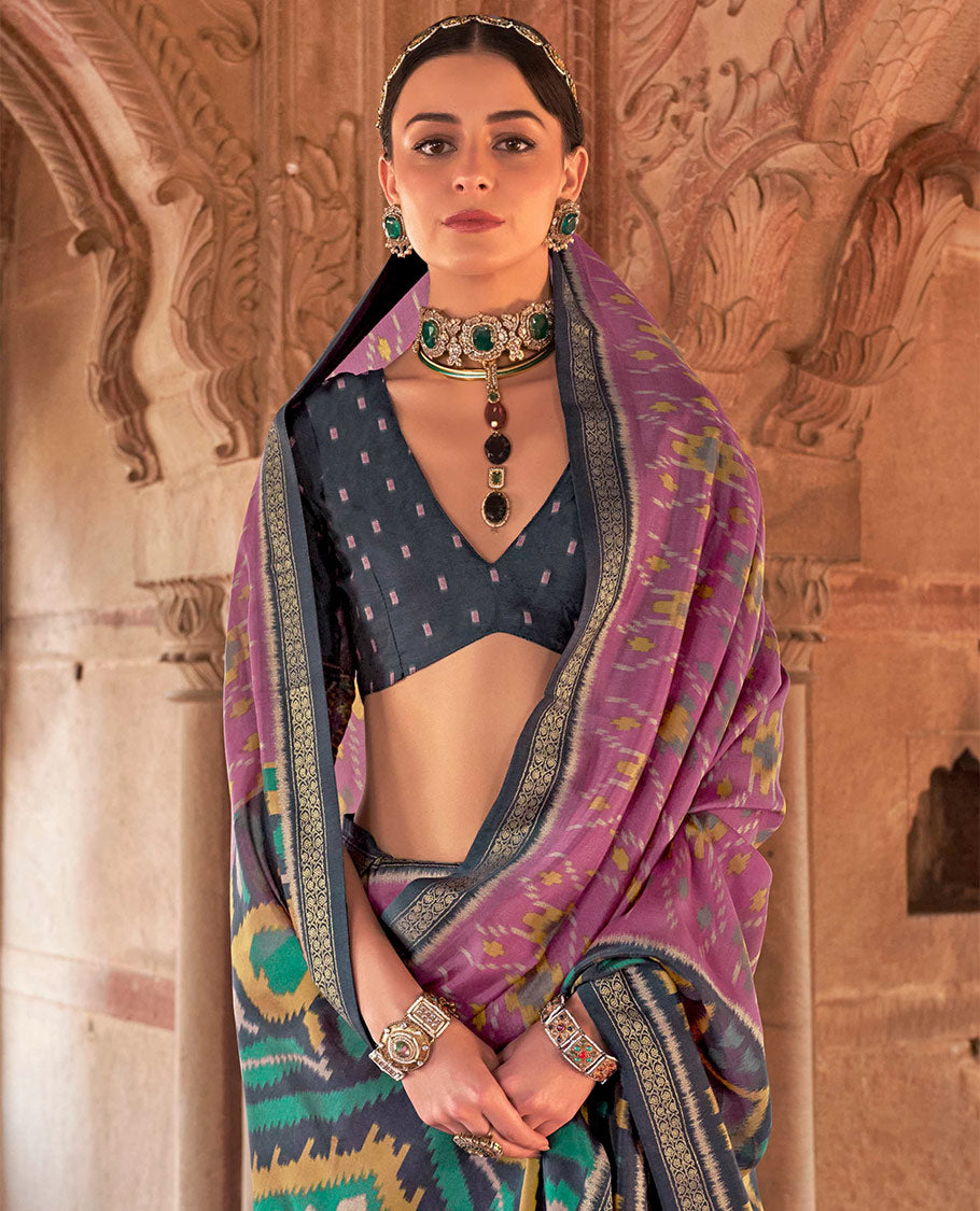 Rosewood Pink Ikat Patola Designer Saree, Enriched with Geometric Ikat Designs, Complemented by a Contrast Ikat Border, Intricate Pallu, and a Contrast Blouse
