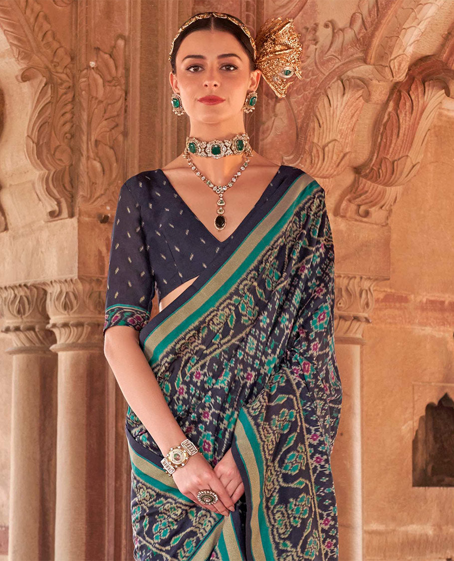 Navy Blue Ikat Patola Designer Saree, Detailed with Intricate Ikat Designs, Highlighted by Intricate Ikat Border, Intricate Pallu, and a Matching Blouse