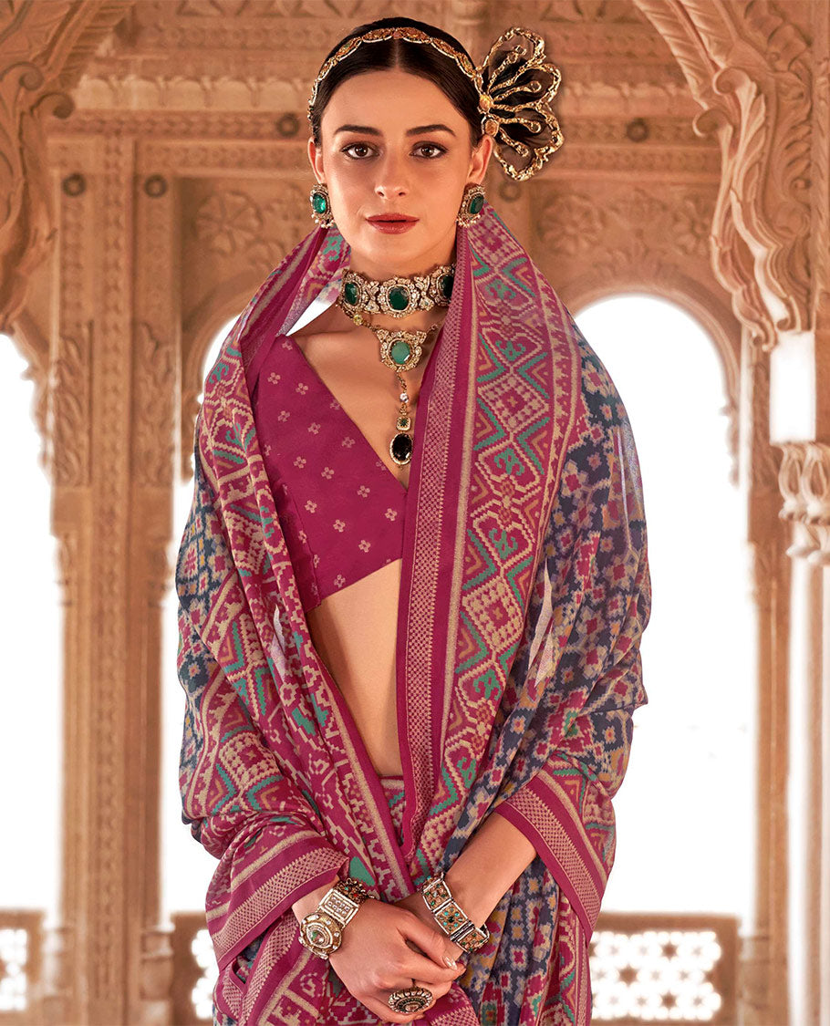 Blue Ikat Patola Designer Saree, Adorned with Intricate Ikat Designs, Complemented by a Contrast Ikat Border, Intricate Pallu, and a Contrast Blouse