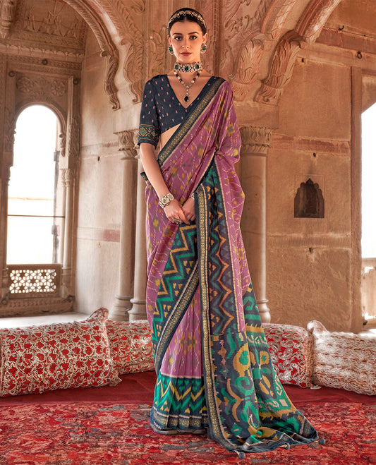 Rosewood Pink Ikat Patola Designer Saree, Enriched with Geometric Ikat Designs, Complemented by a Contrast Ikat Border, Intricate Pallu, and a Contrast Blouse
