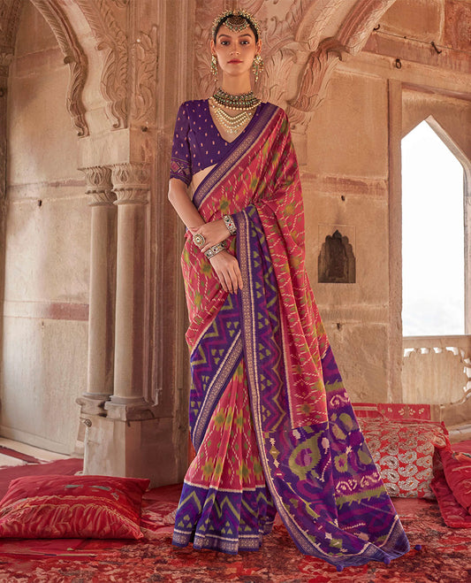 Pink Ikat Patola Designer Saree, Enthralled with Geometric Ikat Designs, Complemented by a Contrast Ikat Border, Intricate Pallu, and a Contrast Blouse