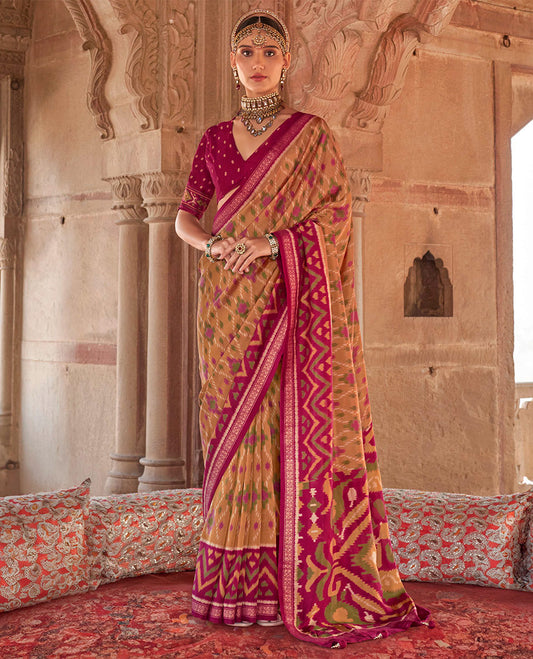 Light Mustard Ikat Patola Designer Saree Featuring Geometric Ikat Designs, Complemented by a Contrast Ikat Border, Intricate Pallu, and a Contrast Blouse