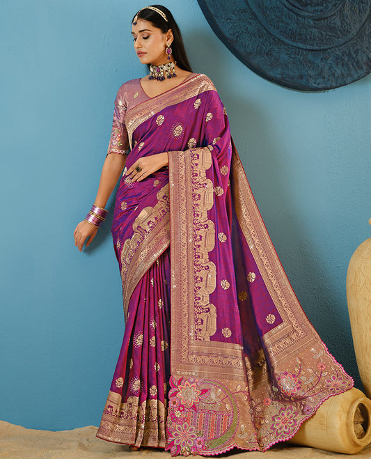 Purple Designer Saree Embellished with Floral Buttas and Stone Work, Self-Border Spotlighted with Elephant Motifs, and Pallu of Multi-color Embroidery with a Contrast Embroidery Blouse