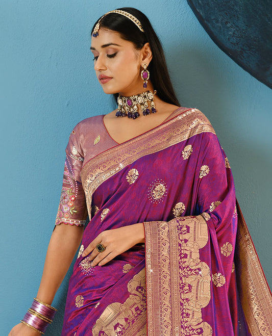 Purple Designer Saree Embellished with Floral Buttas and Stone Work, Self-Border Spotlighted with Elephant Motifs, and Pallu of Multi-color Embroidery with a Contrast Embroidery Blouse