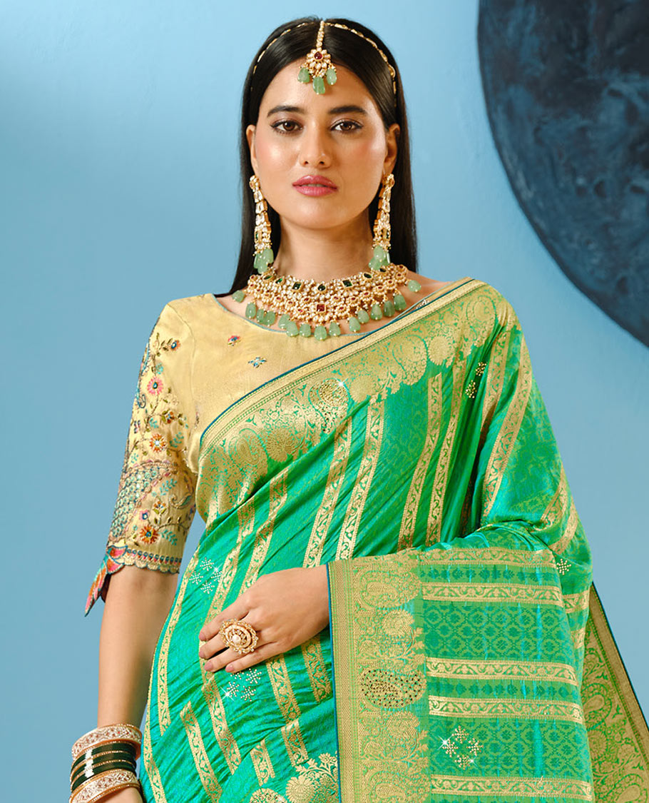 Green Floral Zari Design and Micro-Stone Work Embellished Designer Saree with a Zari-Stonework Border, Paisley Design Embroidered Pallu, along with a Contrast Embroidered Blouse