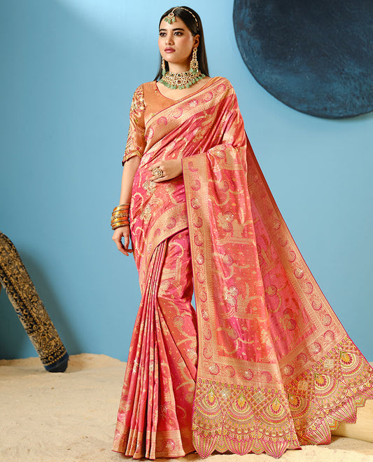 Pink Floral Zari Design and Micro-Stone Work Accentuated Designer Saree with a Zari-Stonework Floral Creeper Border, Intricately Embroidered Pallu, and a Contrast Blouse Complemented by Embroidery