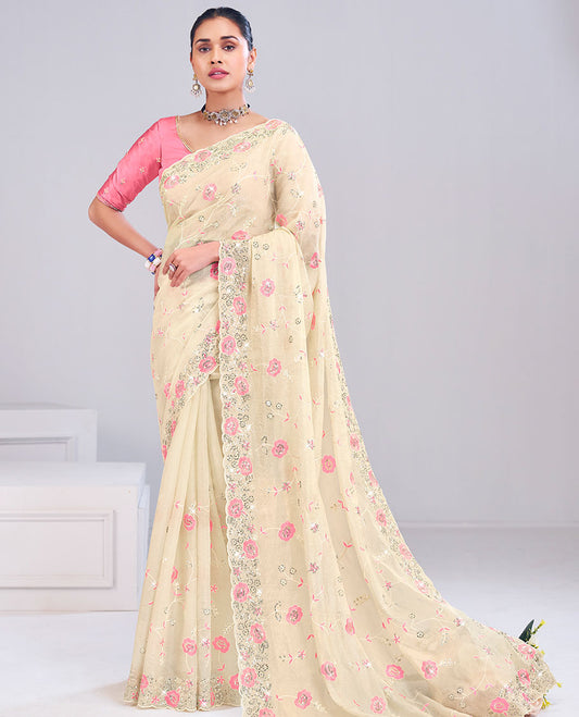 Cream floral vine thread embroidered with sequins work designer catalog saree, scallop floral sequins work border