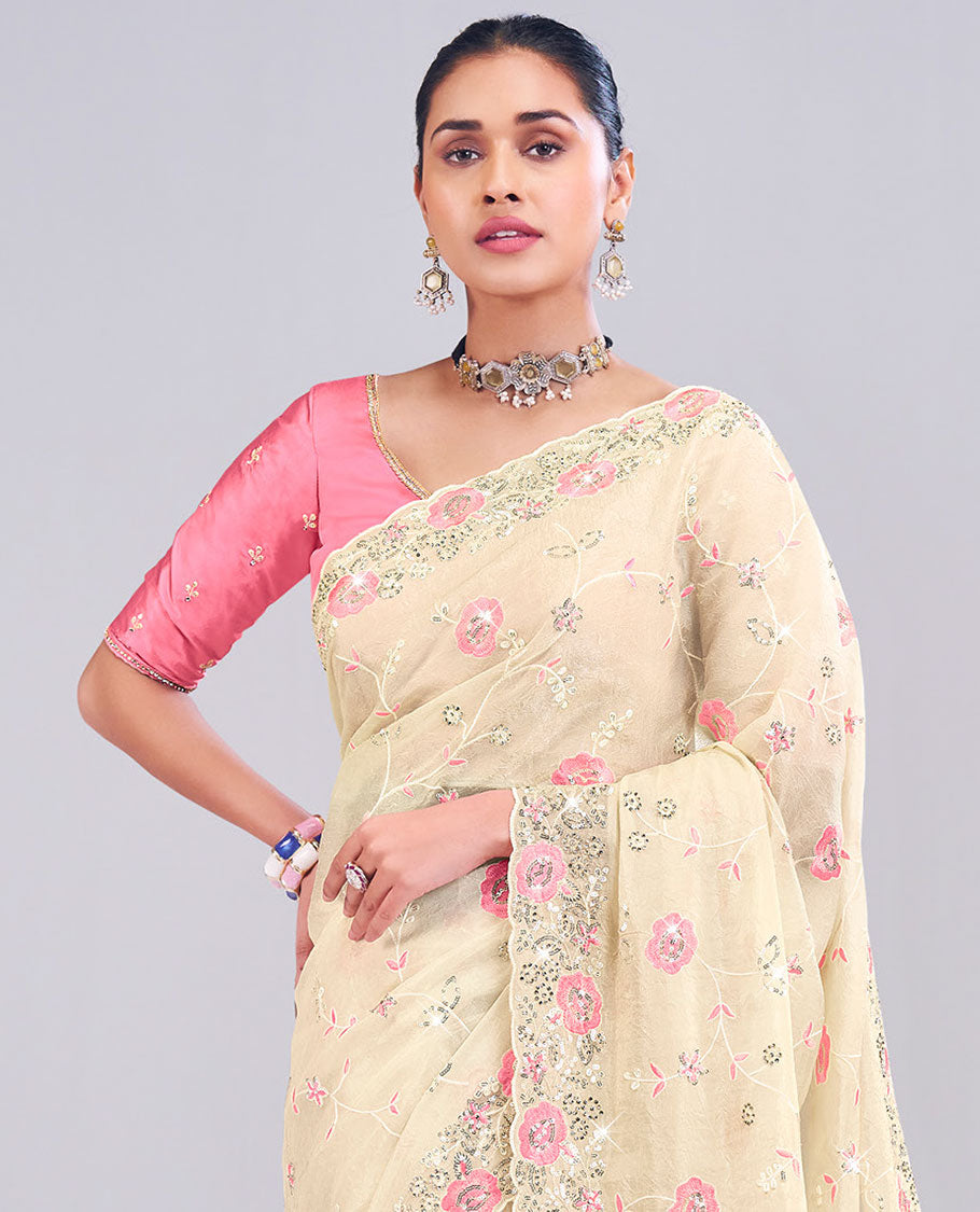Cream floral vine thread embroidered with sequins work designer catalog saree, scallop floral sequins work border