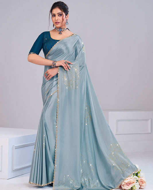 Grey floral motifs style micro stone work designer catalog saree, scallop micro stone work border