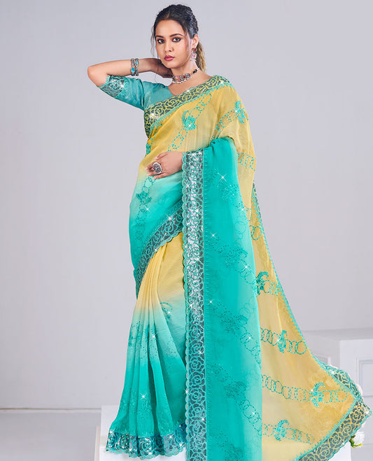 Yellow and blue ombre colored diagonal striped thread and sequins work designer catalog saree, floral sequins work border