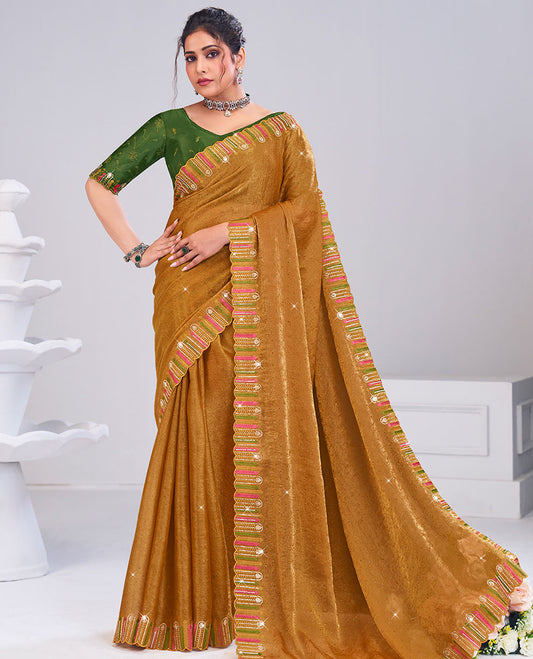 Dark mustard sparsely designed with micro stone work designer catalog saree, scallop meenakari thread embroidered border