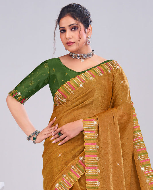 Dark mustard sparsely designed with micro stone work designer catalog saree, scallop meenakari thread embroidered border