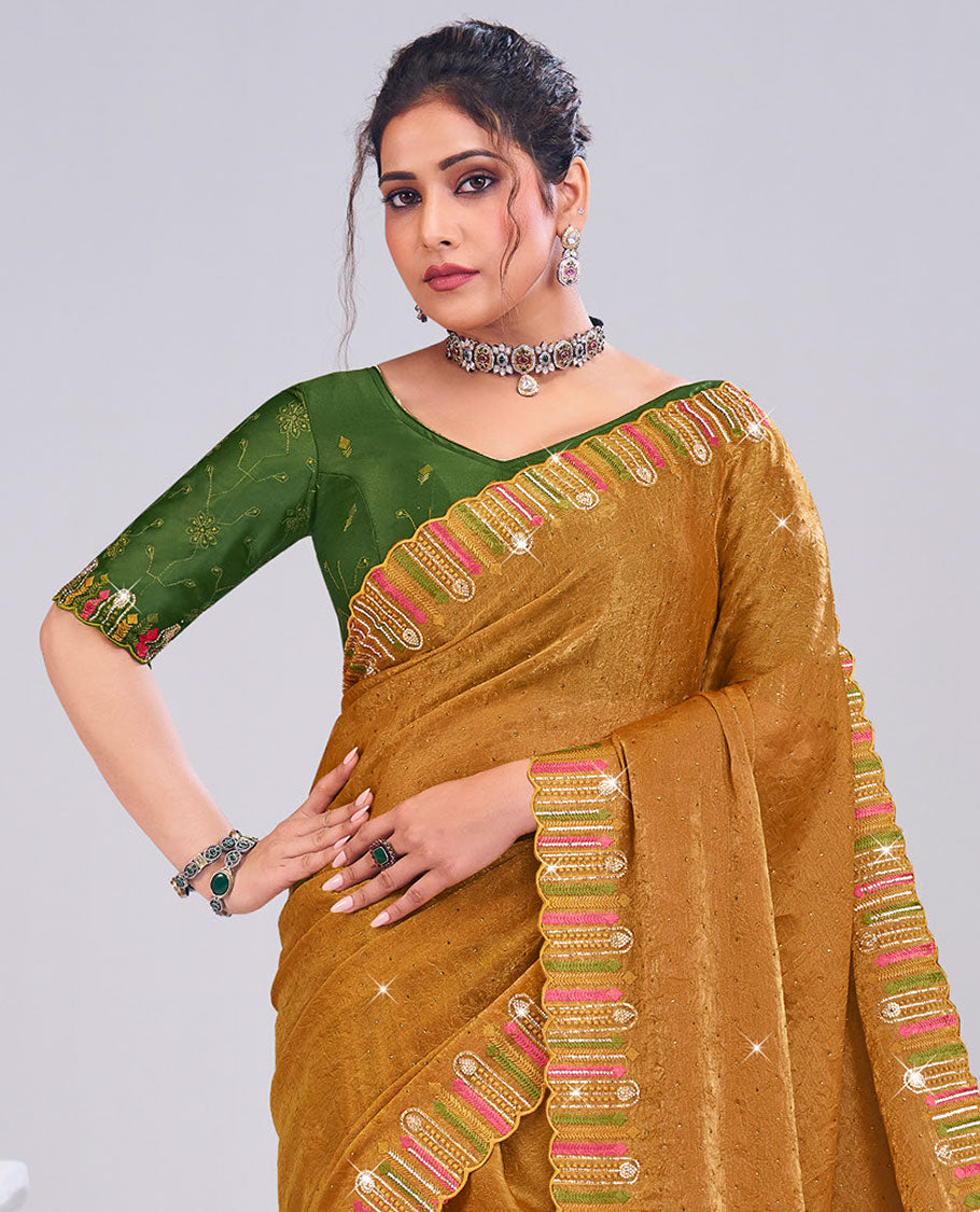 Dark mustard sparsely designed with micro stone work designer catalog saree, scallop meenakari thread embroidered border