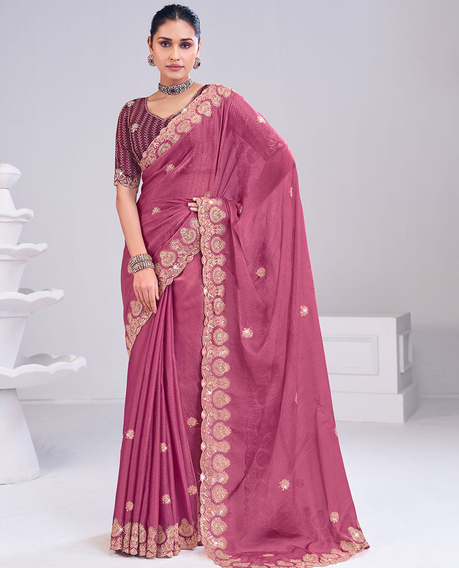 Pink buttas embroidered designer catalog saree, scallop thread embroidered border