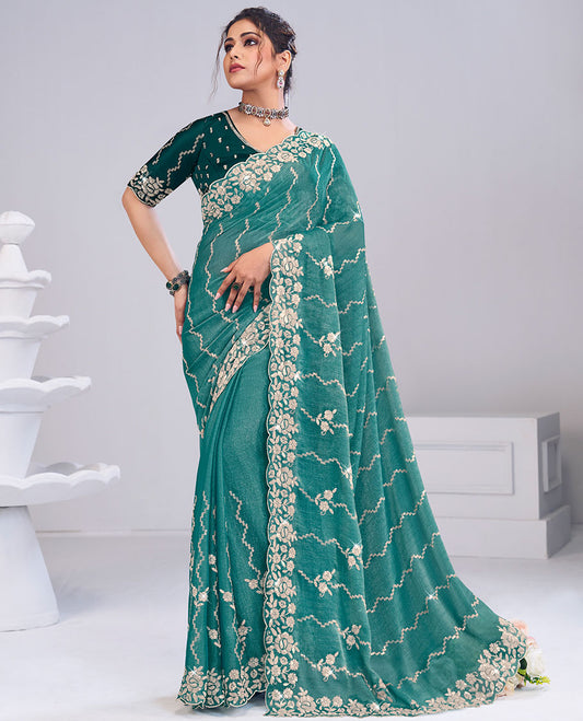 Green zig-zag striped designer catalog saree, scallop embossed embroidered floral creeper border