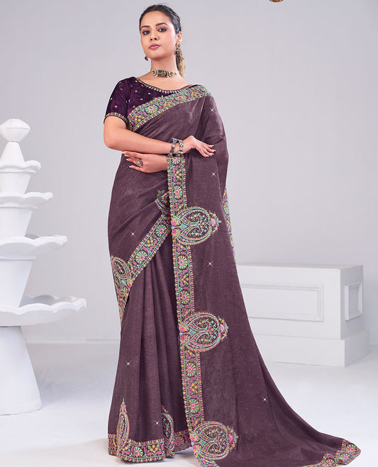 Brown sparsely designed with micro stone work designer catalog saree, paisleys theme scallop meenakari thread embroidered border