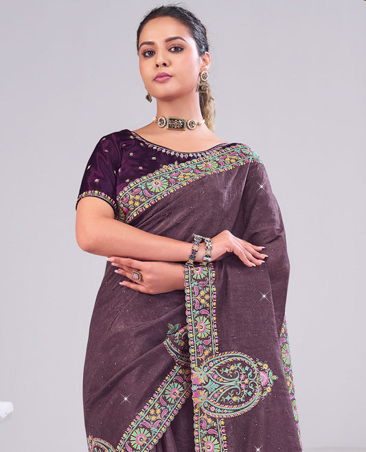 Brown sparsely designed with micro stone work designer catalog saree, paisleys theme scallop meenakari thread embroidered border