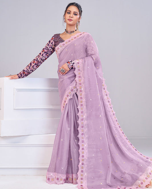 Lavender sequins embroidered designer catalog saree, scallop Mughal arches style thread embroidered border,