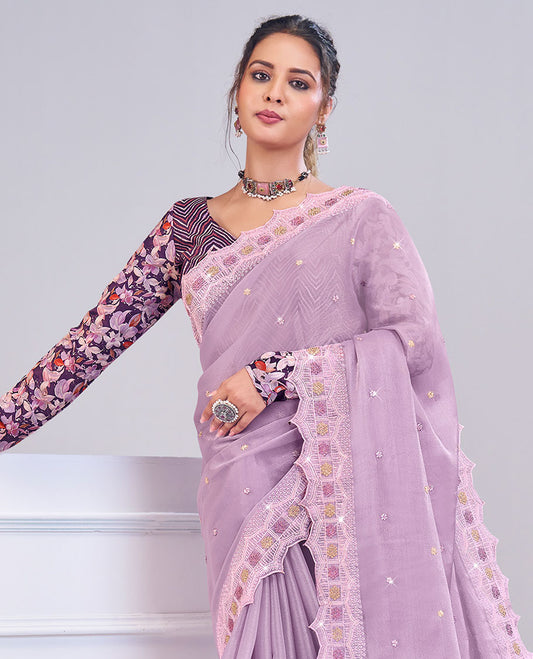 Lavender sequins embroidered designer catalog saree, scallop Mughal arches style thread embroidered border,