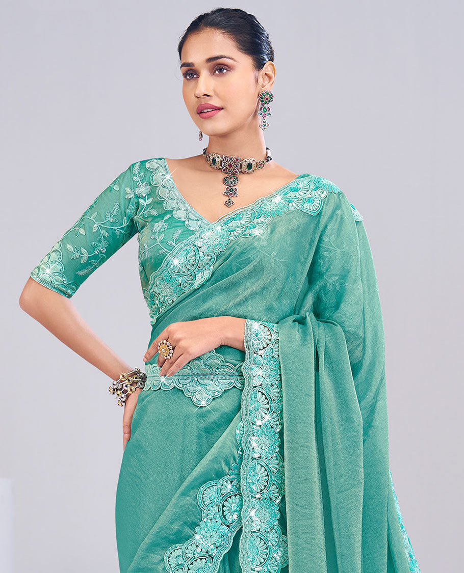 Turquoise sparesly floral vine design designer catalog saree, scallop design embroidered scallop border and detachable embroidered belt