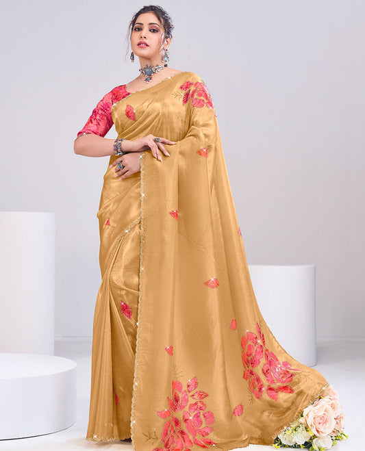 Mustard floral printed, and micro swarovski stone work designer catalog saree, scallop micro stone embedded border