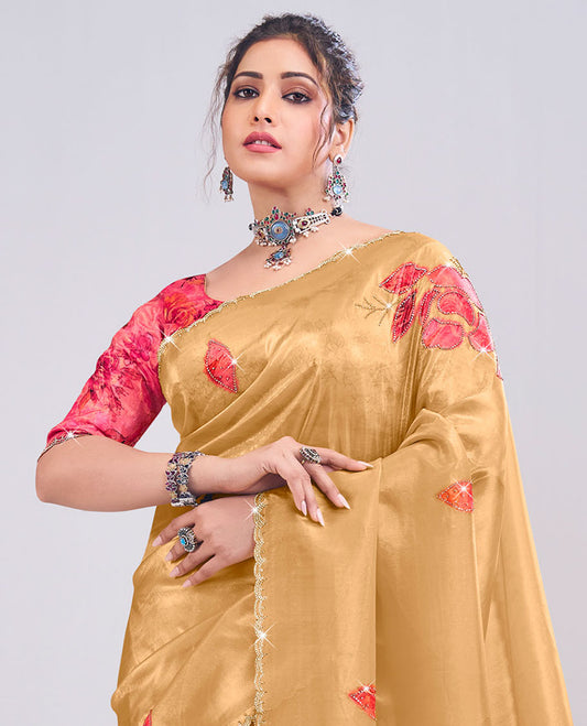Mustard floral printed, and micro swarovski stone work designer catalog saree, scallop micro stone embedded border
