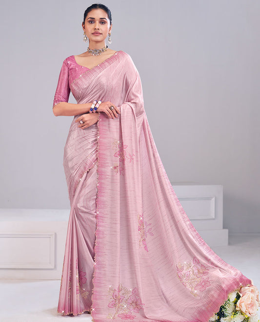 Pink abstract with floral print, and micro stone work designer catalog saree, scallop micro stone work border