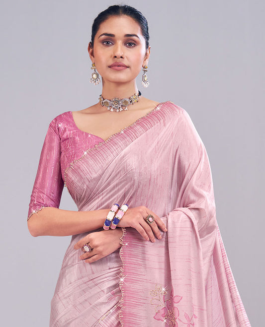 Pink abstract with floral print, and micro stone work designer catalog saree, scallop micro stone work border