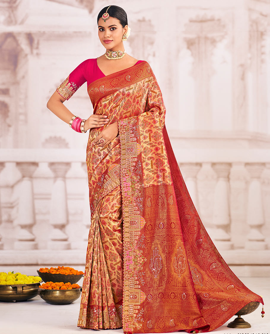 Gold meenakari jacquard designer saree, scallop intricately embroidered border, and pallu of zari and micro-stone work