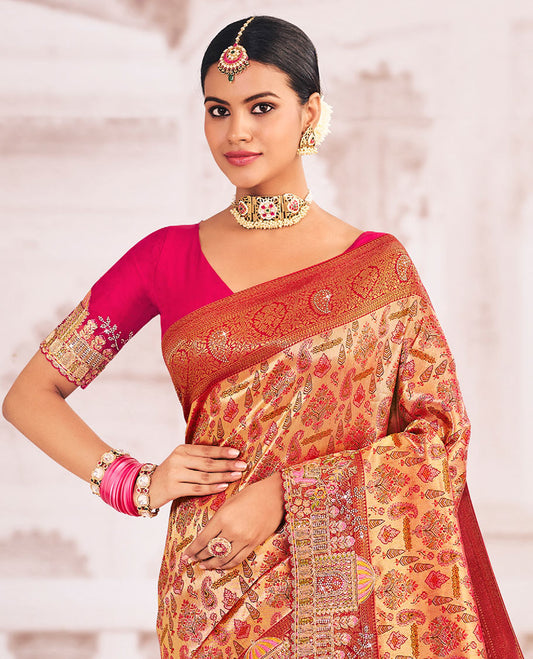 Gold meenakari jacquard designer saree, scallop intricately embroidered border, and pallu of zari and micro-stone work