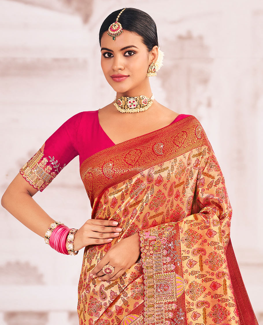 Gold meenakari jacquard designer saree, scallop intricately embroidered border, and pallu of zari and micro-stone work