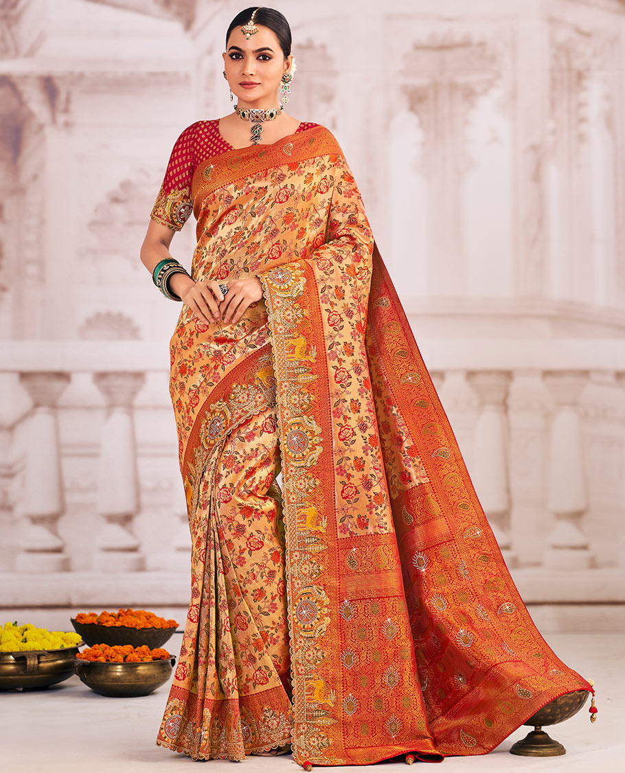 Gold meenakari floral jacquard designer saree, contrast scallop intricately embroidered border, and pallu of zari and micro-stone work