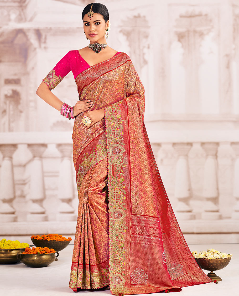 Gold-base meenakari jacquard designer saree, contrast scallop intricately embroidered border, and pallu of zari and micro-stone work