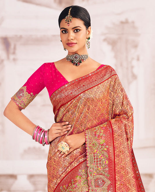 Gold-base meenakari jacquard designer saree, contrast scallop intricately embroidered border, and pallu of zari and micro-stone work