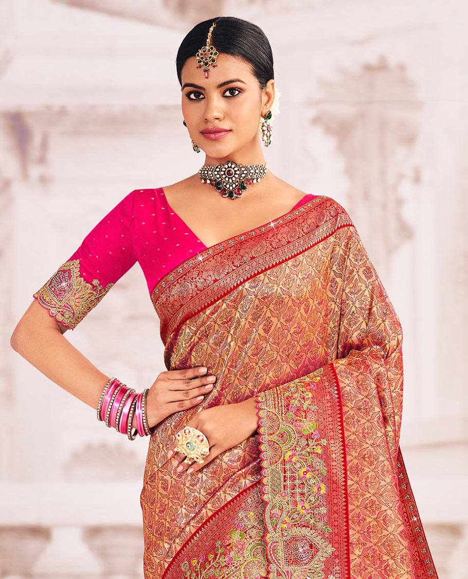 Gold-base meenakari jacquard designer saree, contrast scallop intricately embroidered border, and pallu of zari and micro-stone work