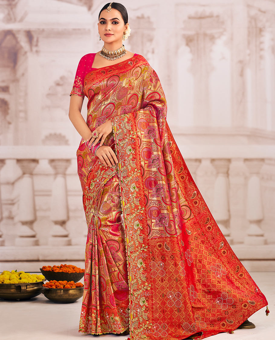 Multi-color meenakari jacquard designer saree, scallop intricately embroidered border, and pallu of zari and micro-stone work