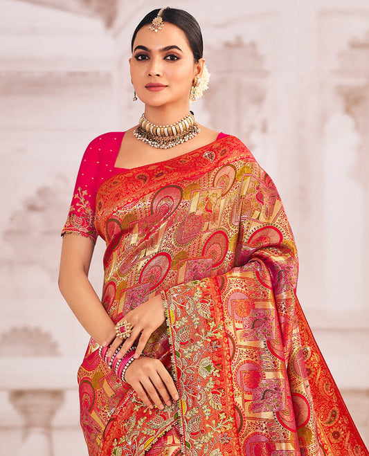 Multi-color meenakari jacquard designer saree, scallop intricately embroidered border, and pallu of zari and micro-stone work