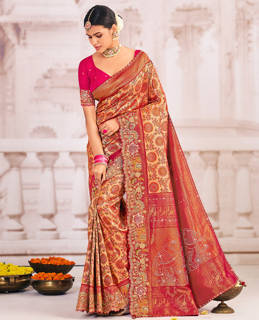 Gold-base marigold flower enclosed jaal jacquard designer saree, contrast scallop embroidered border, and pallu of elephant motifs crafted in stone work