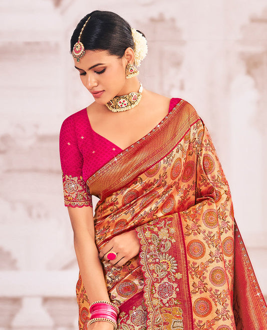 Gold-base marigold flower enclosed jaal jacquard designer saree, contrast scallop embroidered border, and pallu of elephant motifs crafted in stone work