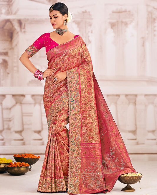 Pink paisley jaal meenakari jacquard designer saree, contrast scallop intricately embroidered border, and pallu of zari and micro-stone work
