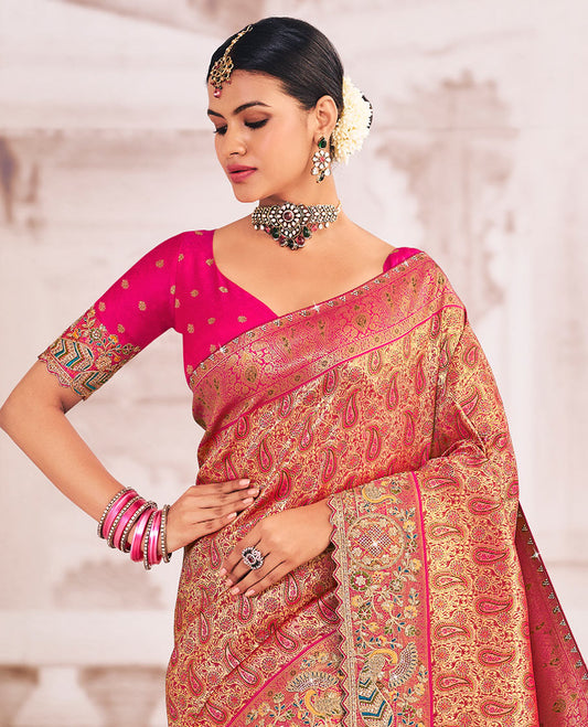 Pink paisley jaal meenakari jacquard designer saree, contrast scallop intricately embroidered border, and pallu of zari and micro-stone work