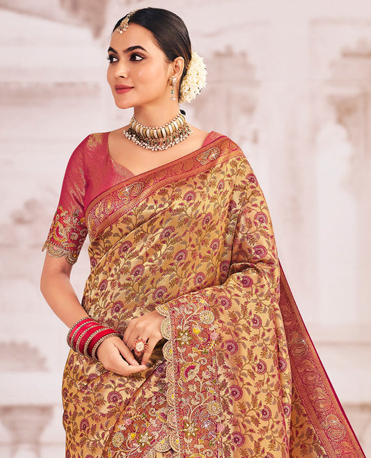 Gold floral jaal meenakari jacquard designer saree, scallop intricately embroidered border, and pallu of zari and micro-stone work