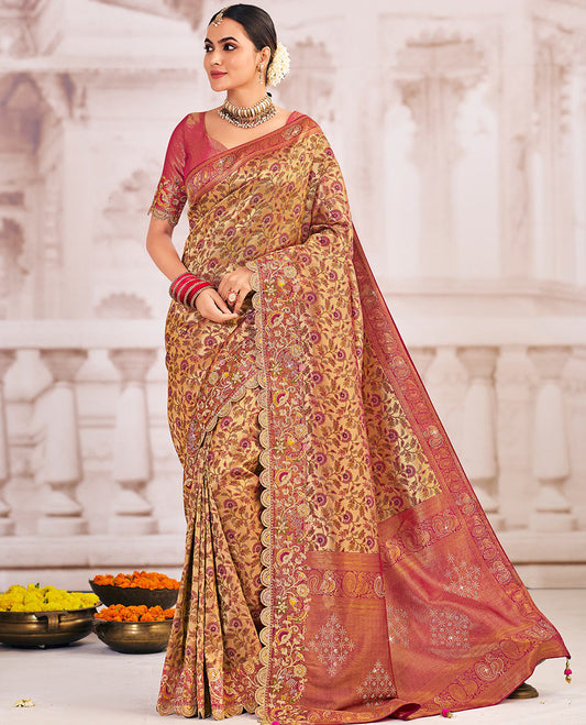 Gold floral jaal meenakari jacquard designer saree, scallop intricately embroidered border, and pallu of zari and micro-stone work